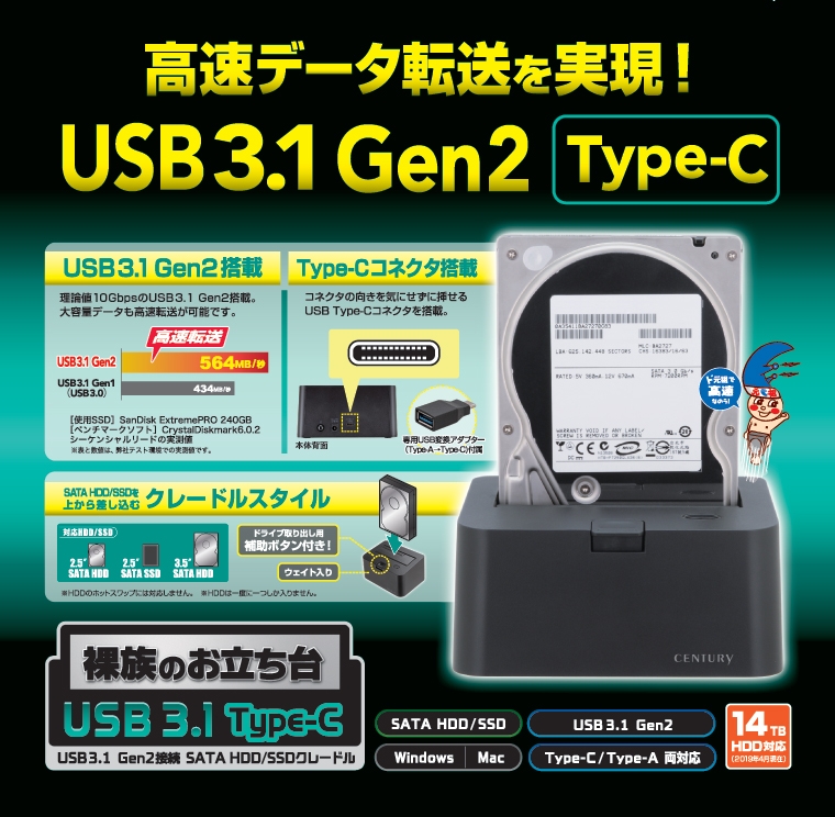 2.5インチ＆3.5インチSATA HDD/SSD用クレードル「裸族のお立ち台 USB3