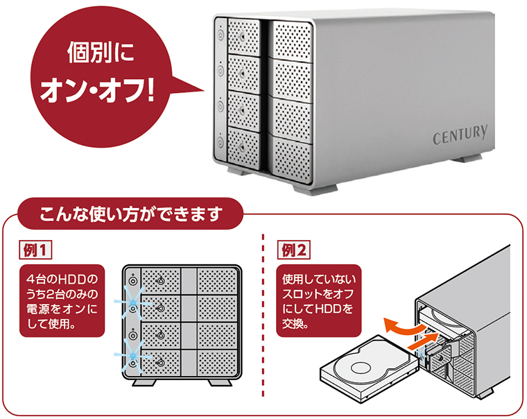 センチュリー 独立電源スイッチ搭載 USB3.2 Gen1接続 3.5インチSATA×4